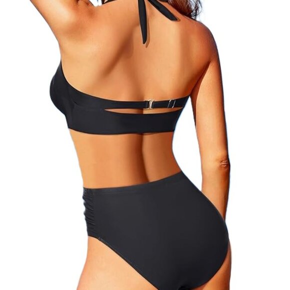 PIN UP GIRL Retro High‎ Waisted Tummy Control Bikini Set Black NEW Large - Picture 2 of 6